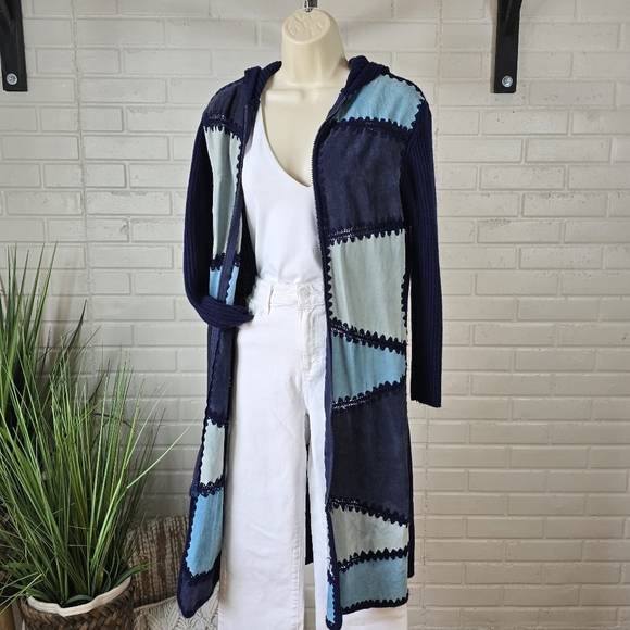 Vintage Airport Blue Suede Patchwork Knit Long Cardigan Medium - Picture 3 of 11